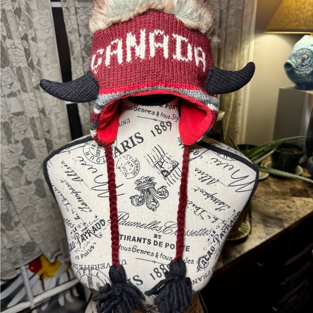 Red and Black Beanie Hat with Earflaps and Braided Ties